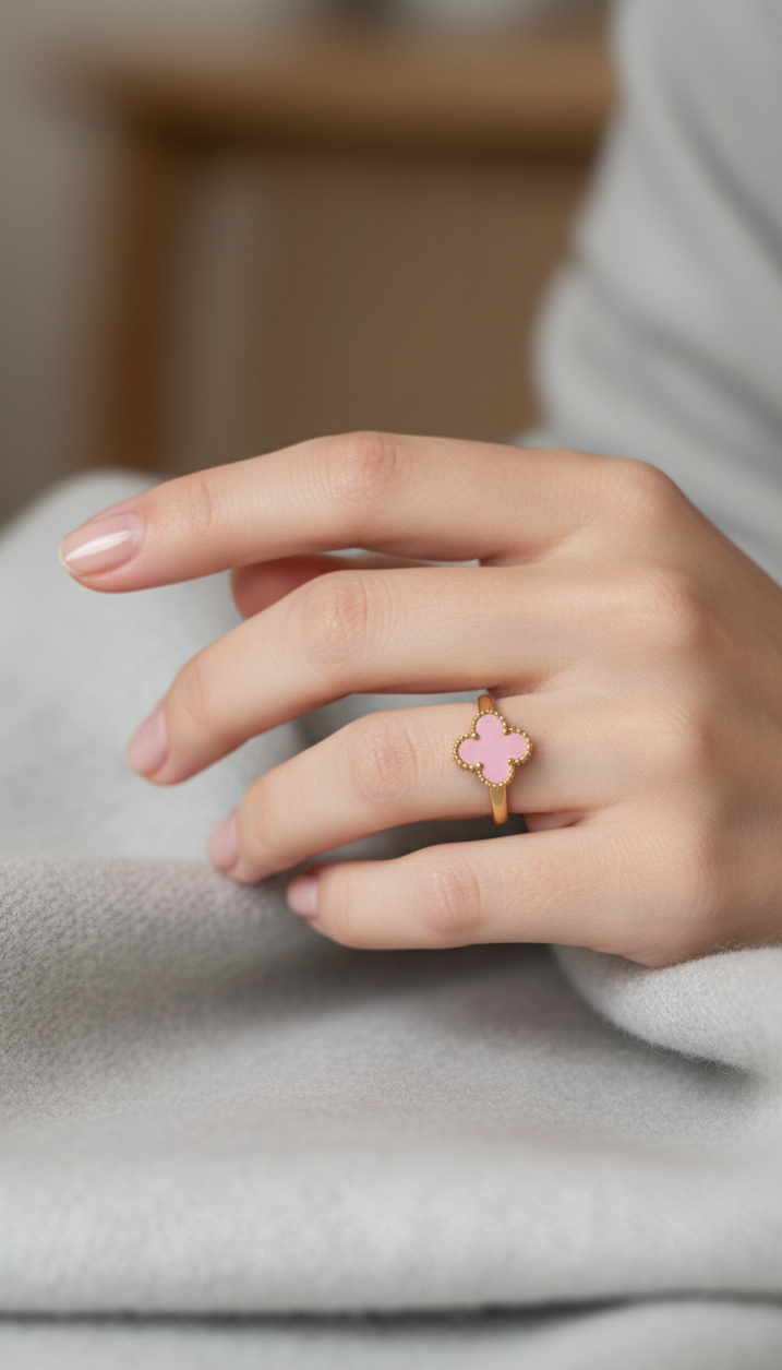 Anti Tarnish Pink Clover Style Necklace Ring Bracelet Earring Combo