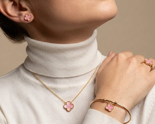 Anti Tarnish Pink Clover Style Necklace Ring Bracelet Earring Combo
