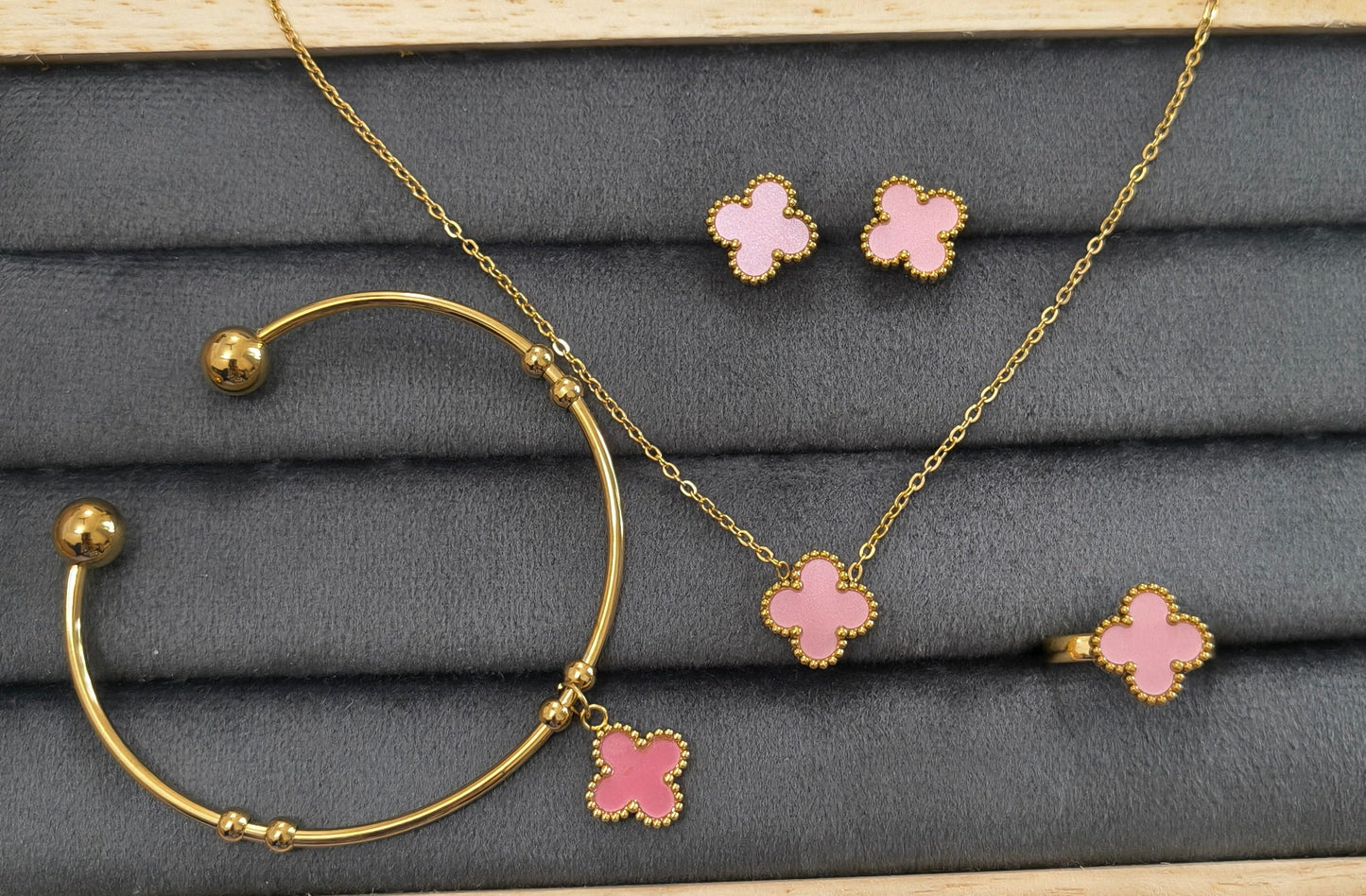 Anti Tarnish Pink Clover Style Necklace Ring Bracelet Earring Combo