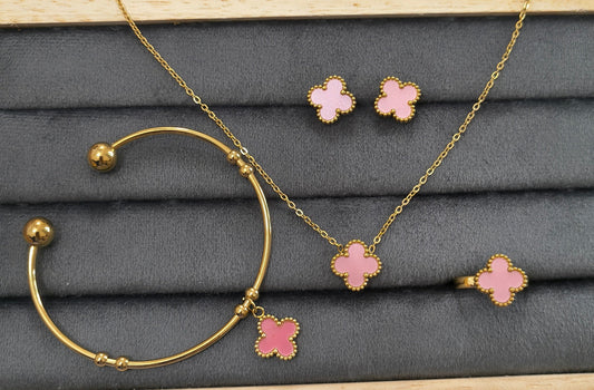 Anti Tarnish Pink Clover Style Necklace Ring Bracelet Earring Combo