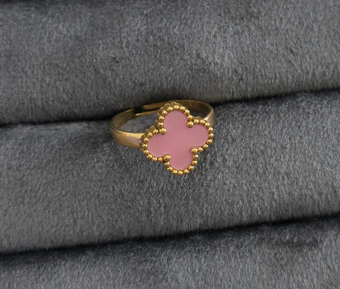 Anti Tarnish Pink Clover Style Necklace Ring Bracelet Earring Combo