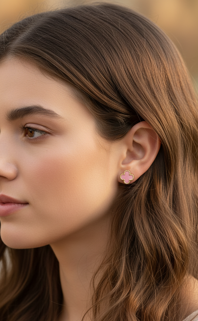 Anti Tarnish Pink Clover Style Necklace Ring Bracelet Earring Combo