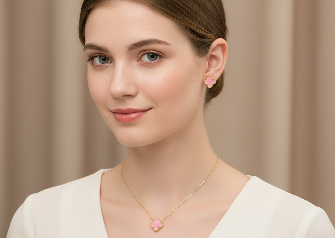 Anti Tarnish Pink Clover Style Necklace Ring Bracelet Earring Combo