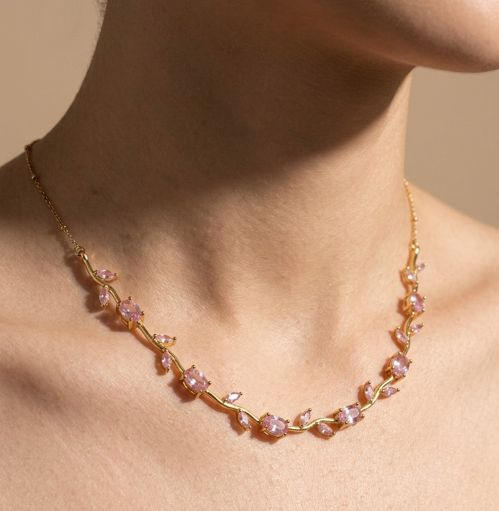Anti Tarnish Pink Crystal Tulip Necklace 18K Gold Plated