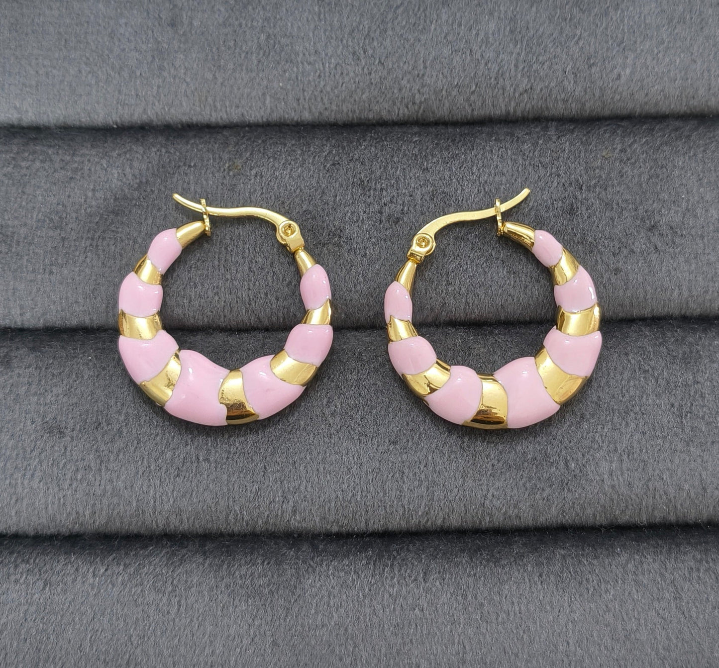 Anti Tarnish Pink Enamel Hoop Earrings 18K Gold Plated