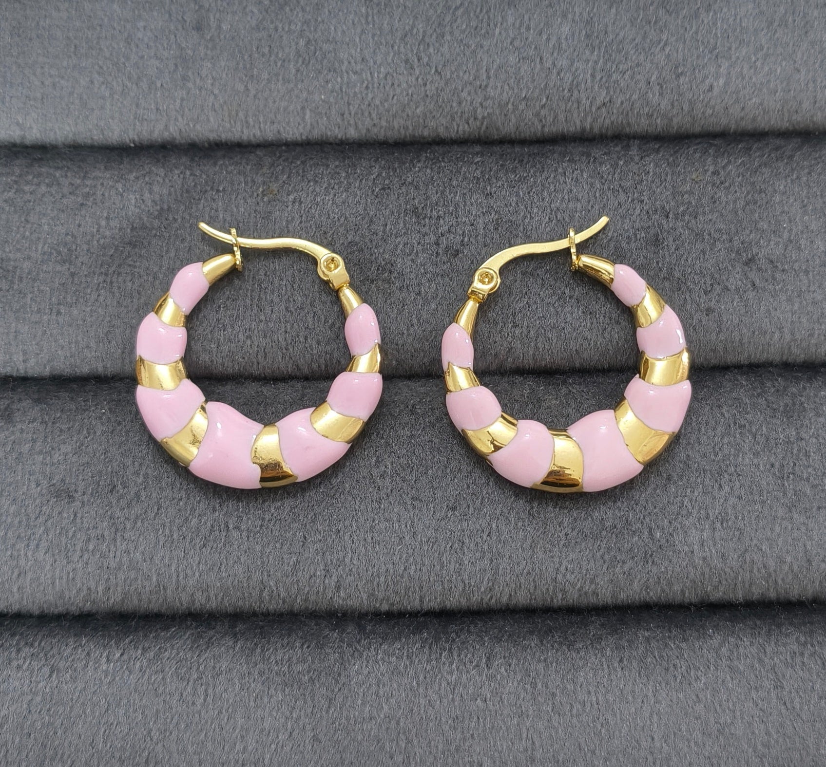 Anti Tarnish Pink Enamel Hoop Earrings 18K Gold Plated