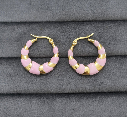 Anti Tarnish Pink Enamel Hoop Earrings 18K Gold Plated