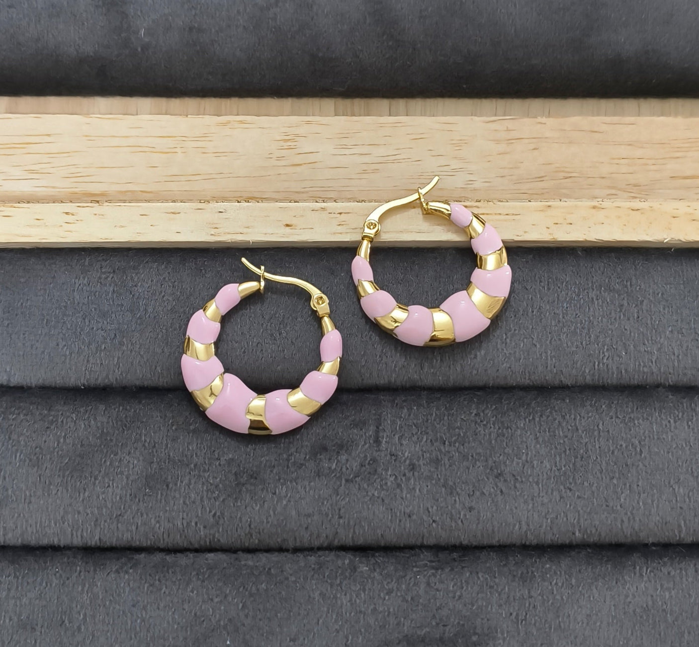 Anti Tarnish Pink Enamel Hoop Earrings 18K Gold Plated