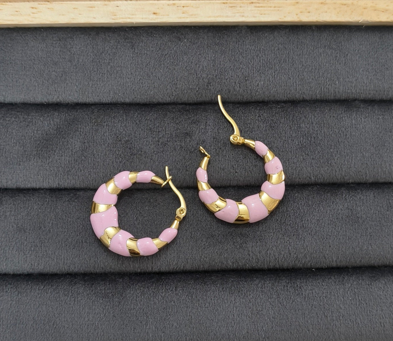 Anti Tarnish Pink Enamel Hoop Earrings 18K Gold Plated