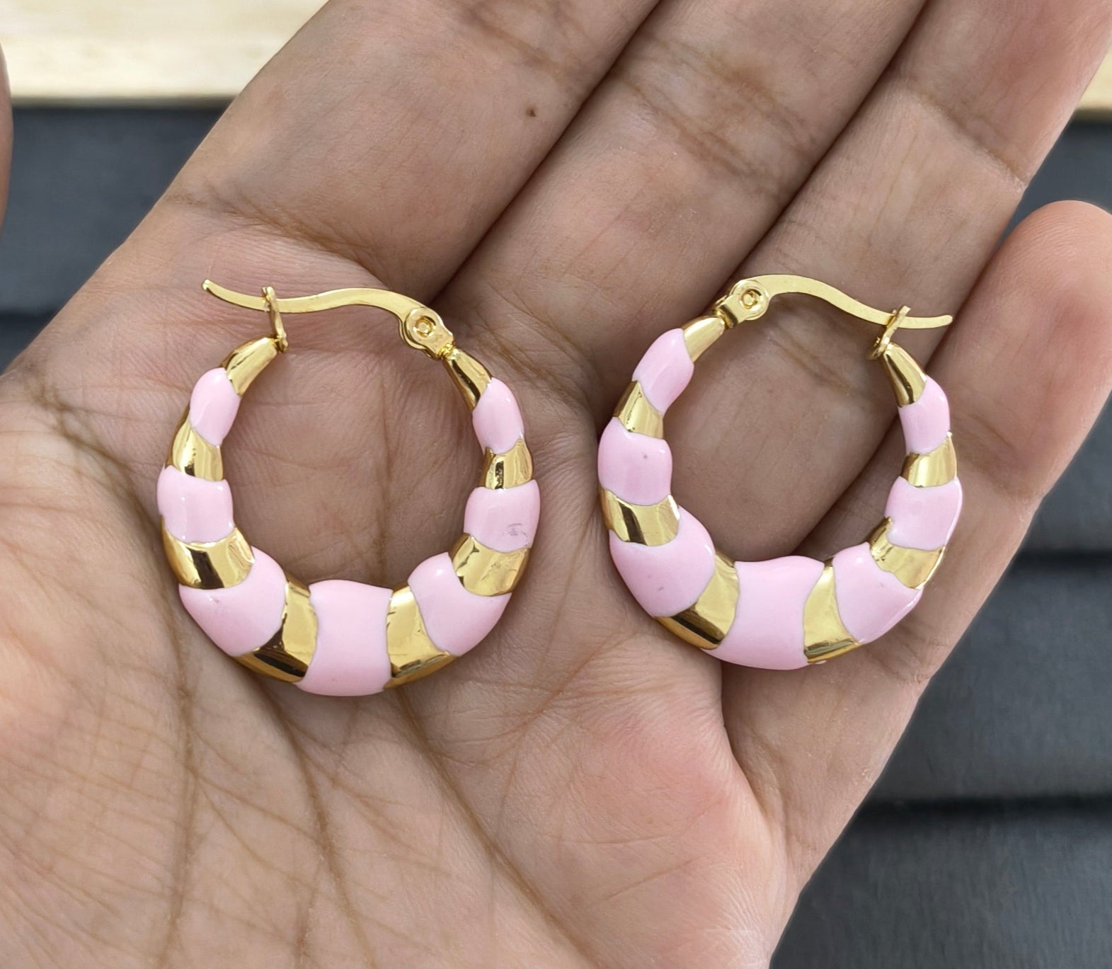 Anti Tarnish Pink Enamel Hoop Earrings 18K Gold Plated