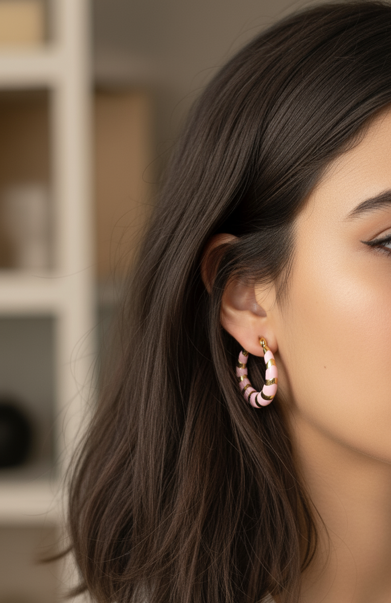 Anti Tarnish Pink Enamel Hoop Earrings 18K Gold Plated
