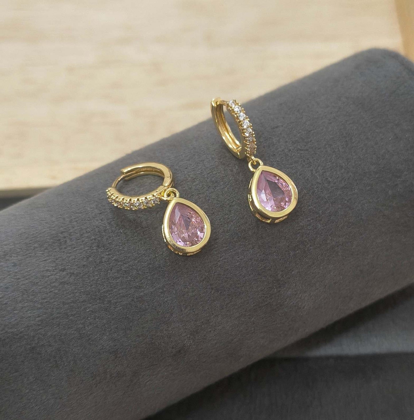 Anti Tarnish Pink Teardrop Dangle Earrings 18K Gold Plated