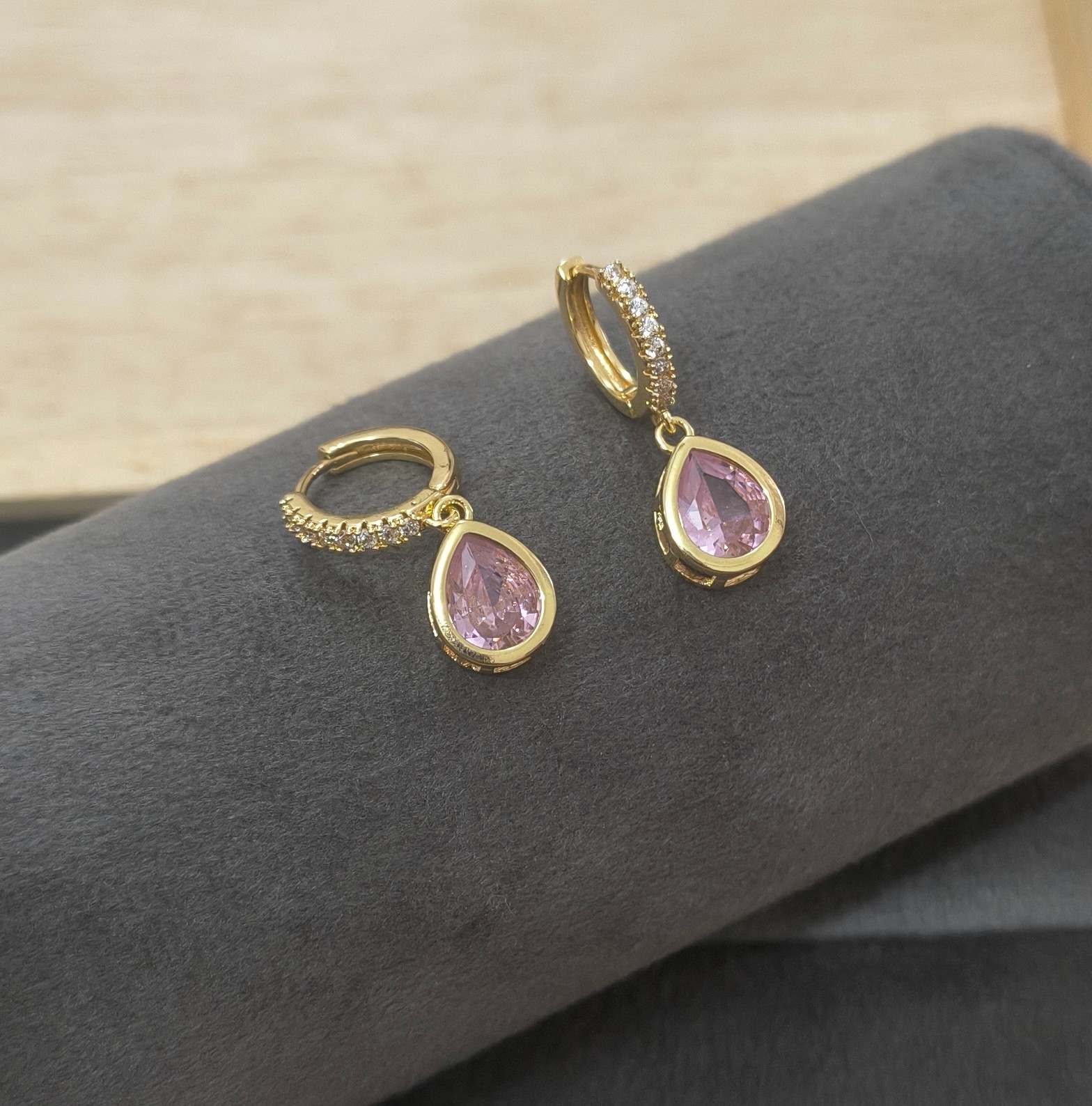 Anti Tarnish Pink Teardrop Dangle Earrings 18K Gold Plated