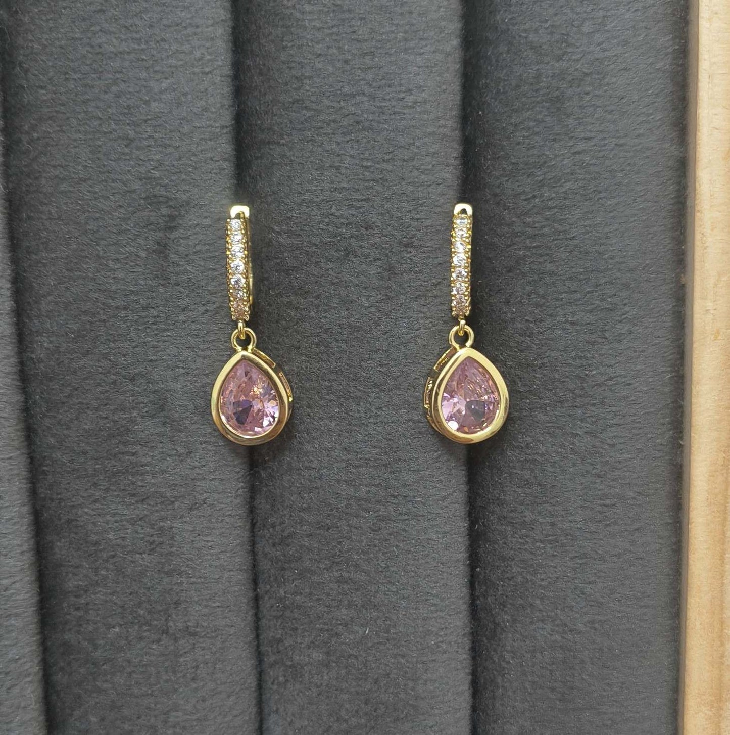 Anti Tarnish Pink Teardrop Dangle Earrings 18K Gold Plated