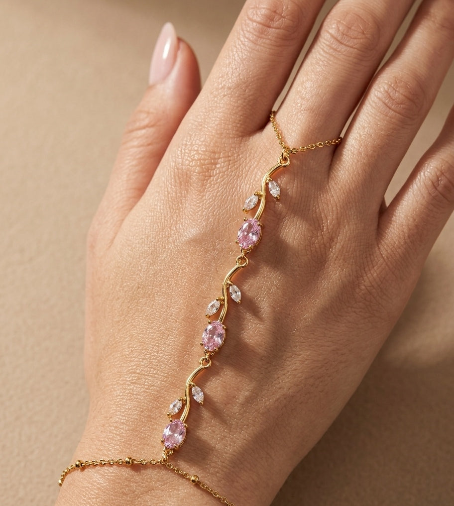 Anti Tarnish Pink Tulip Hand Chain Bracelet 18K Gold Plated