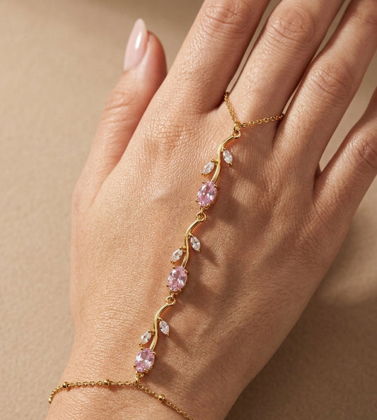 Anti Tarnish Pink Tulip Hand Chain Bracelet 18K Gold Plated