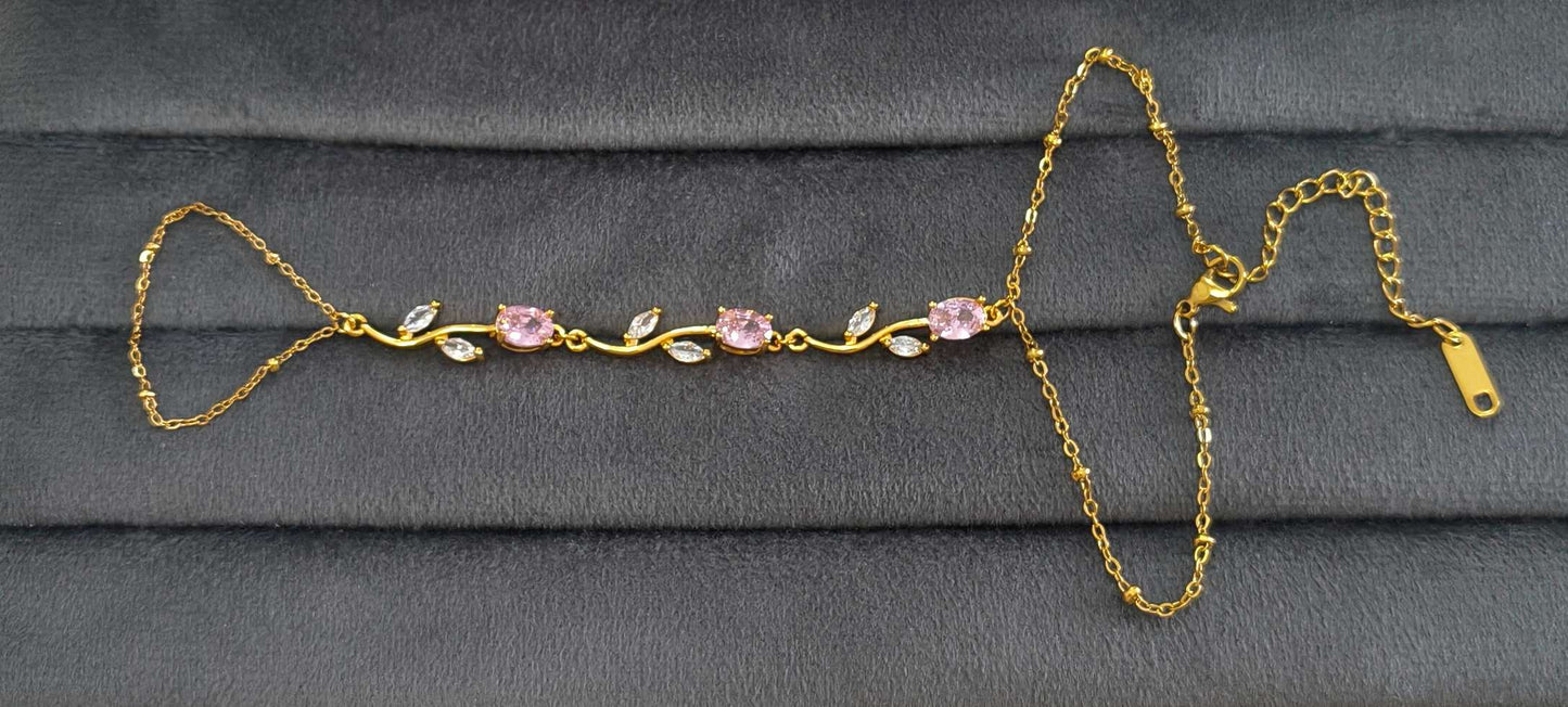 Anti Tarnish Pink Tulip Hand Chain Bracelet 18K Gold Plated