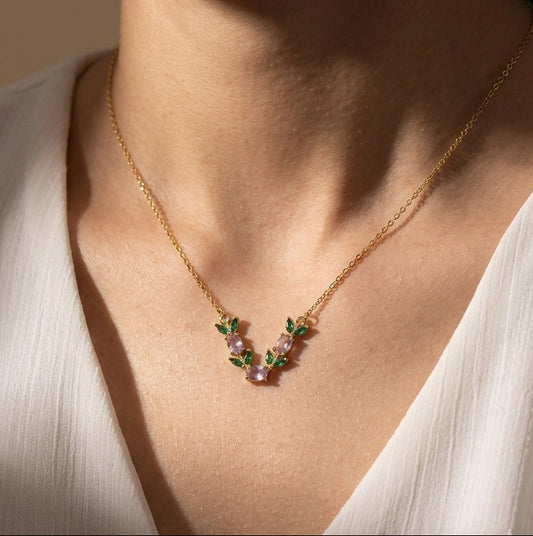 Anti Tarnish Pink Tulip Pendant Necklace 18K Gold Plated