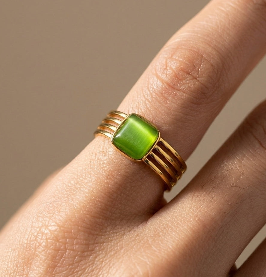 Anti Tarnish Radiant Green Stone Ring 18K Gold Plated