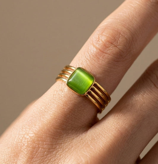 Anti Tarnish Radiant Green Stone Ring 18K Gold Plated