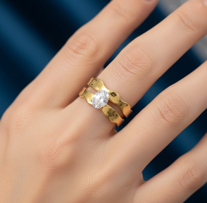 Anti Tarnish Ring Abstract Solitaire Ring 18K Gold Plated