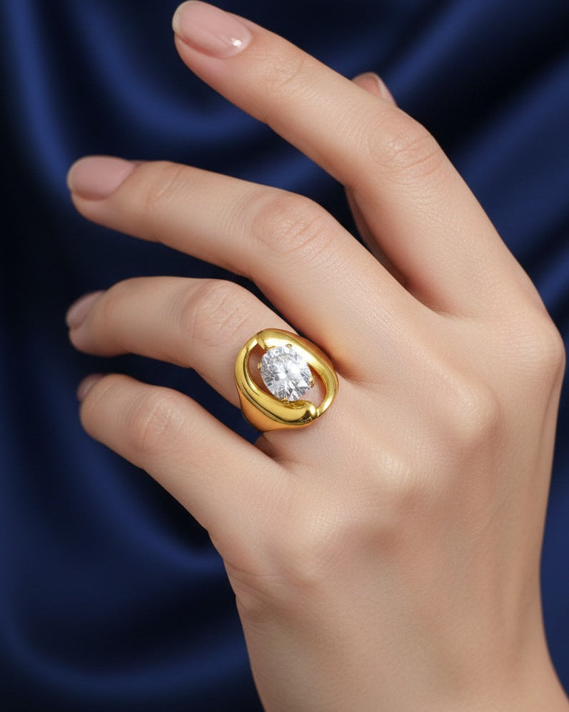 Anti Tarnish Ring Aura Solitaire Ring 18K Gold Plated