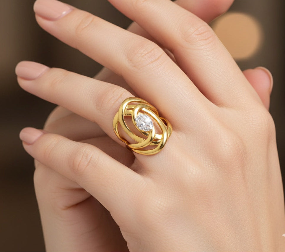Anti Tarnish Ring Aura Wrap Solitaire Ring 18K Gold Plated