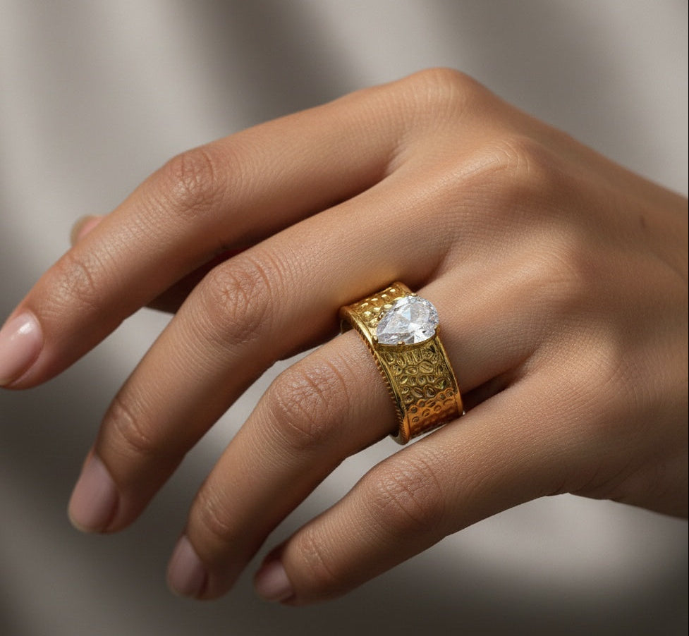 Anti Tarnish Ring Band Solitaire Diamond Ring 18K Gold Plated
