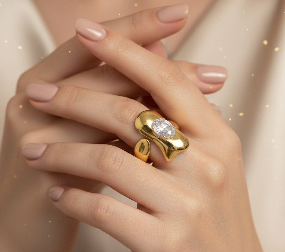 Anti Tarnish Ring Bold Chunky Solitaire Ring 18K Gold Plated
