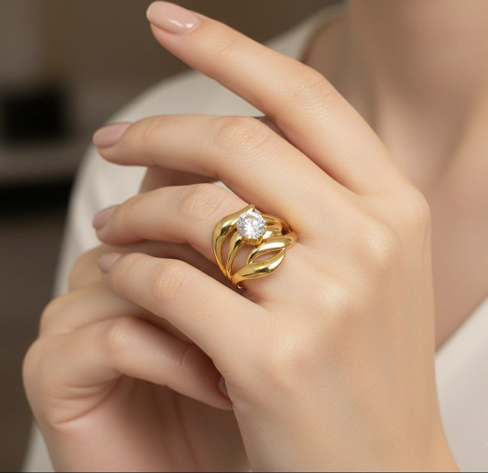 Anti Tarnish Ring Bold Solitaire Diamond Ring 18K Gold Plated