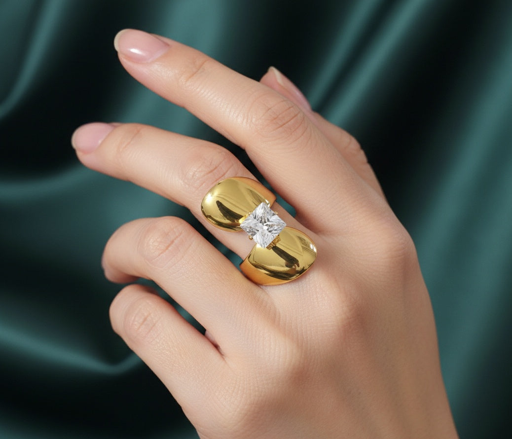 Anti Tarnish Ring Bold Square Solitaire Ring 18K Gold Plated