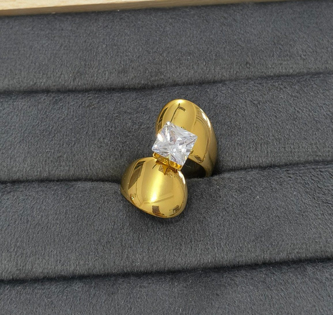 Anti Tarnish Ring Bold Square Solitaire Ring 18K Gold Plated