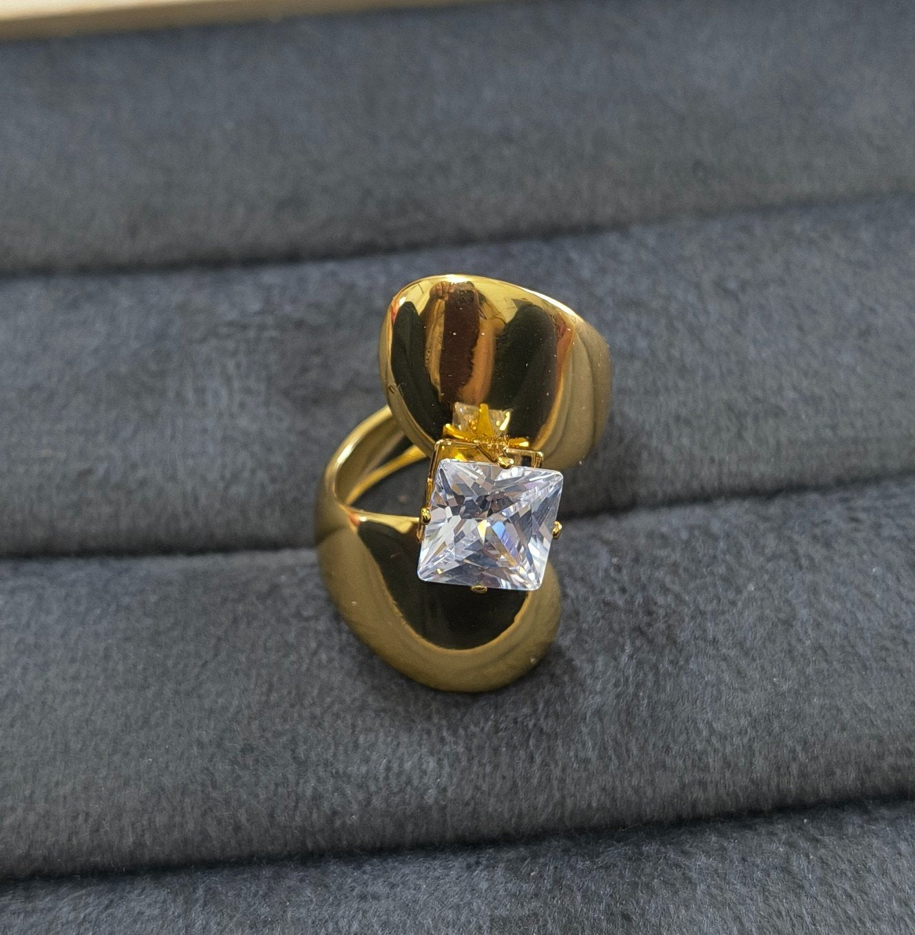 Anti Tarnish Ring Bold Square Solitaire Ring 18K Gold Plated