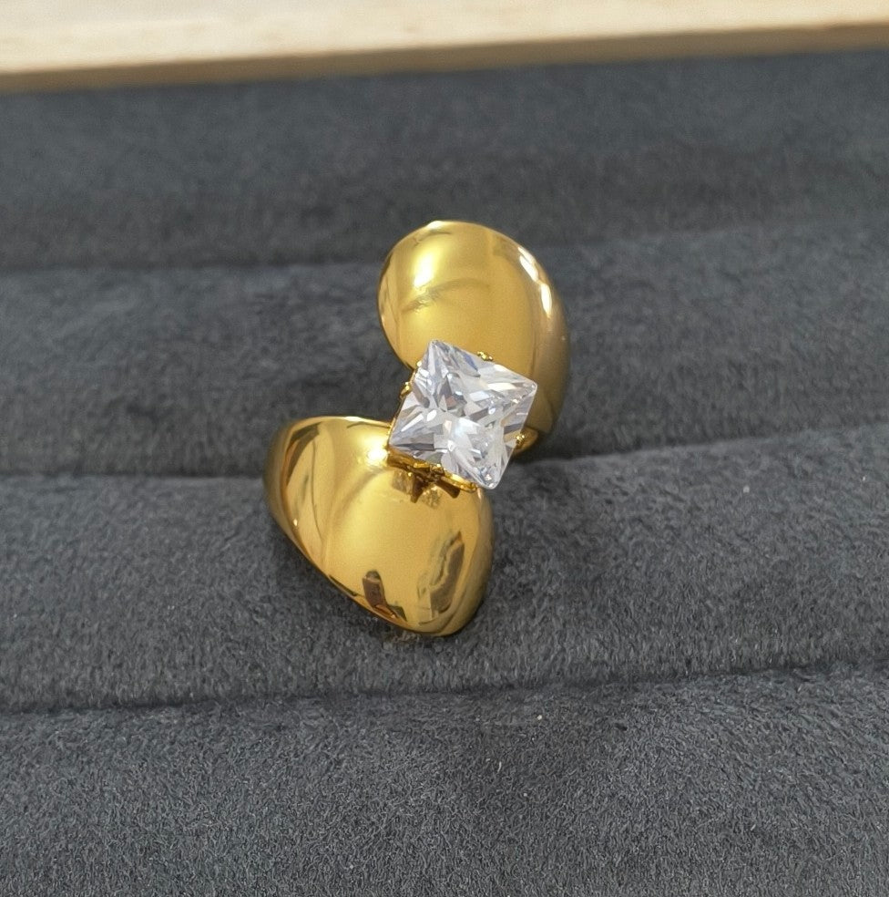 Anti Tarnish Ring Bold Square Solitaire Ring 18K Gold Plated