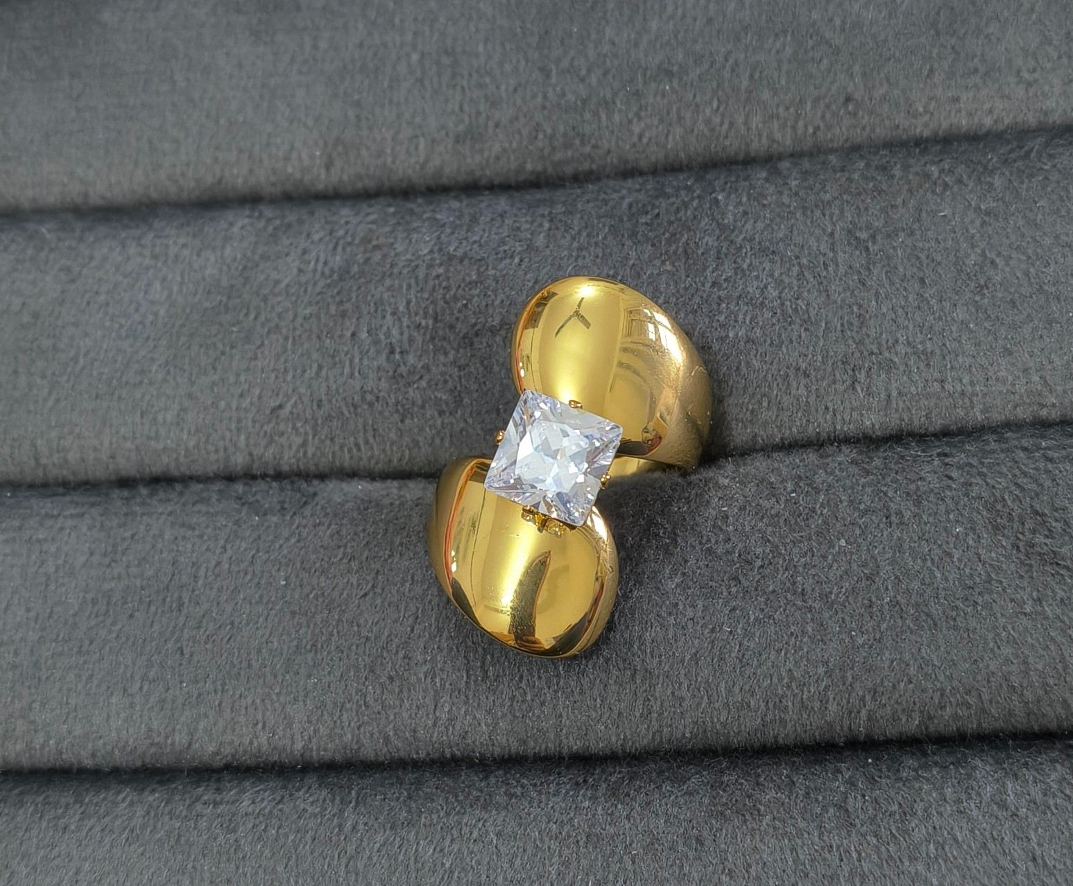 Anti Tarnish Ring Bold Square Solitaire Ring 18K Gold Plated