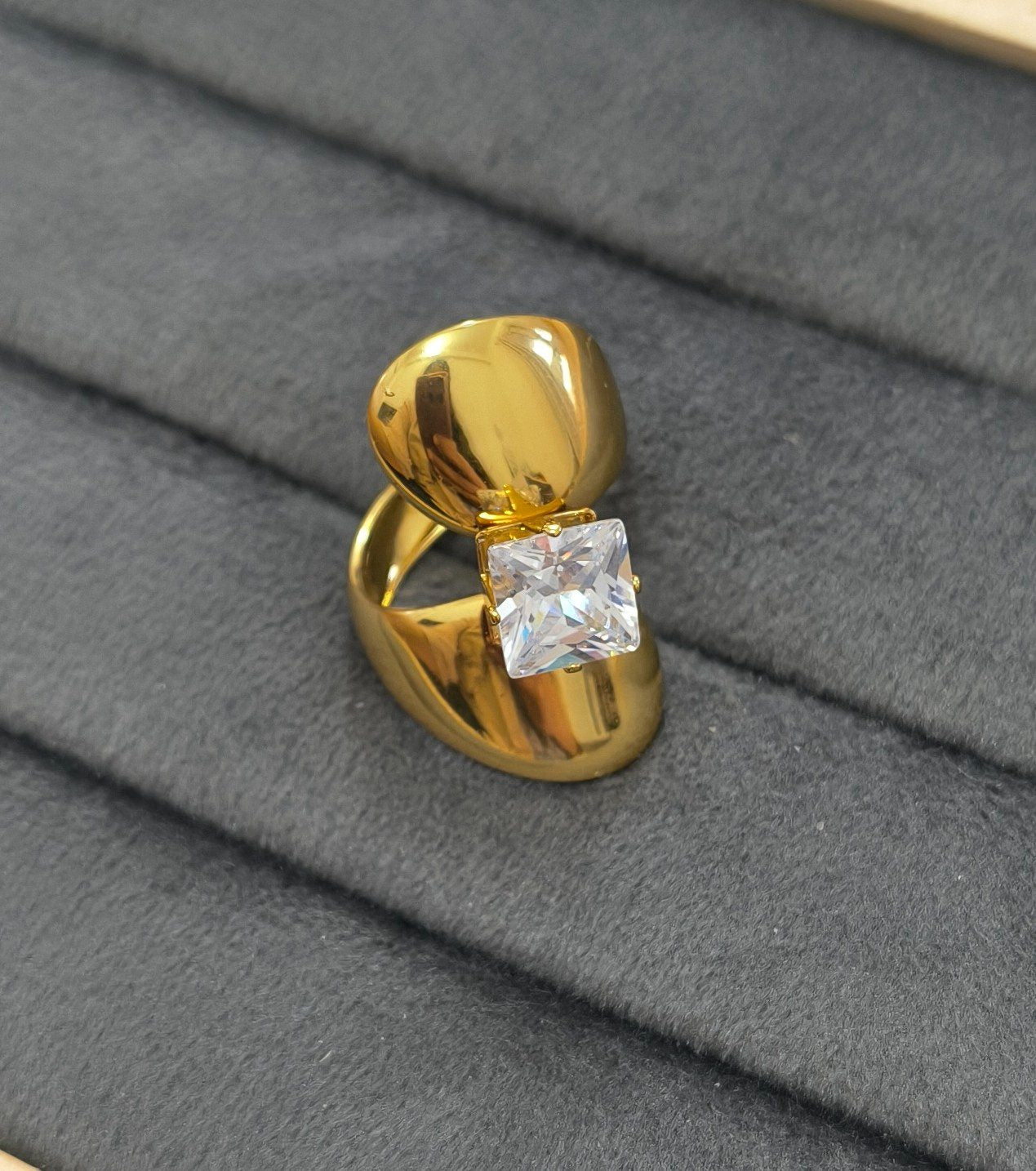 Anti Tarnish Ring Bold Square Solitaire Ring 18K Gold Plated