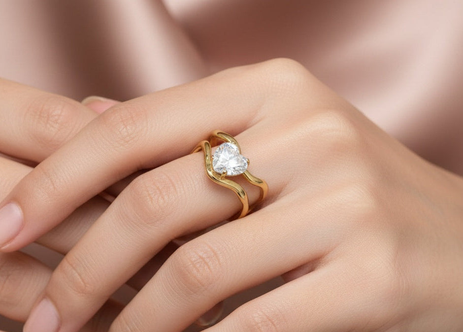 Anti Tarnish Ring Bridal Wavy Solitaire Ring 18K Gold Plated