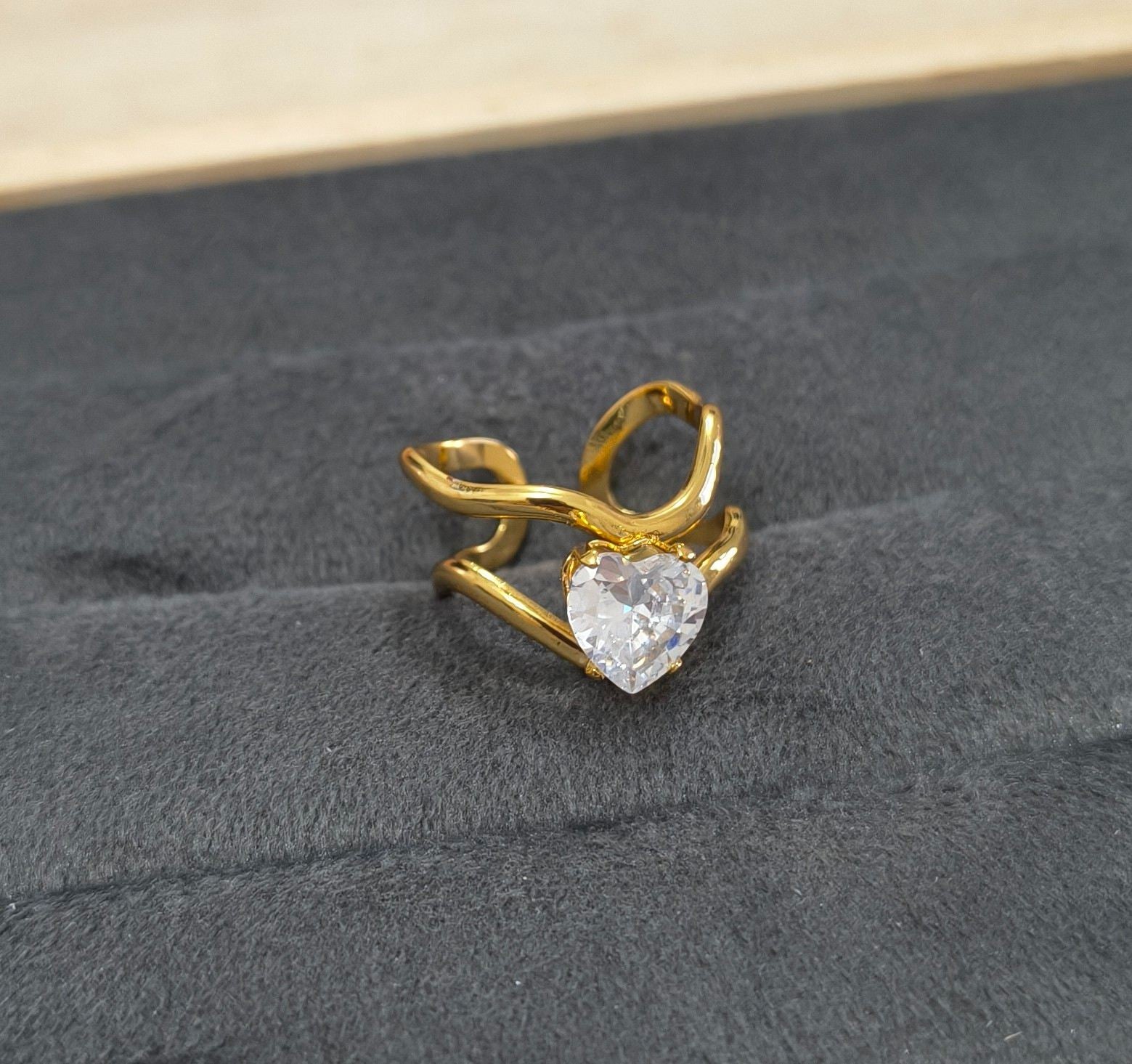Anti Tarnish Ring Bridal Wavy Solitaire Ring 18K Gold Plated