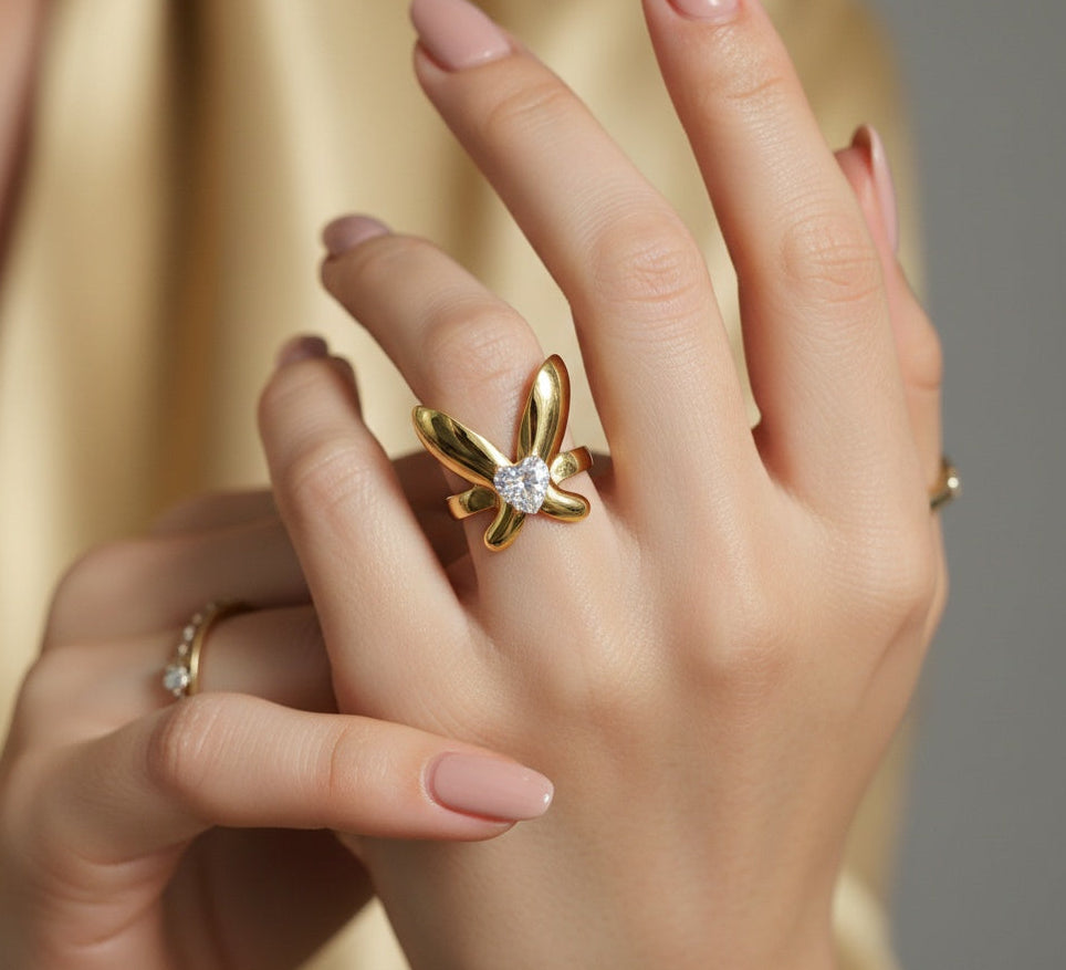 Anti Tarnish Ring Butterfly Solitaire Ring 18K Gold Plated