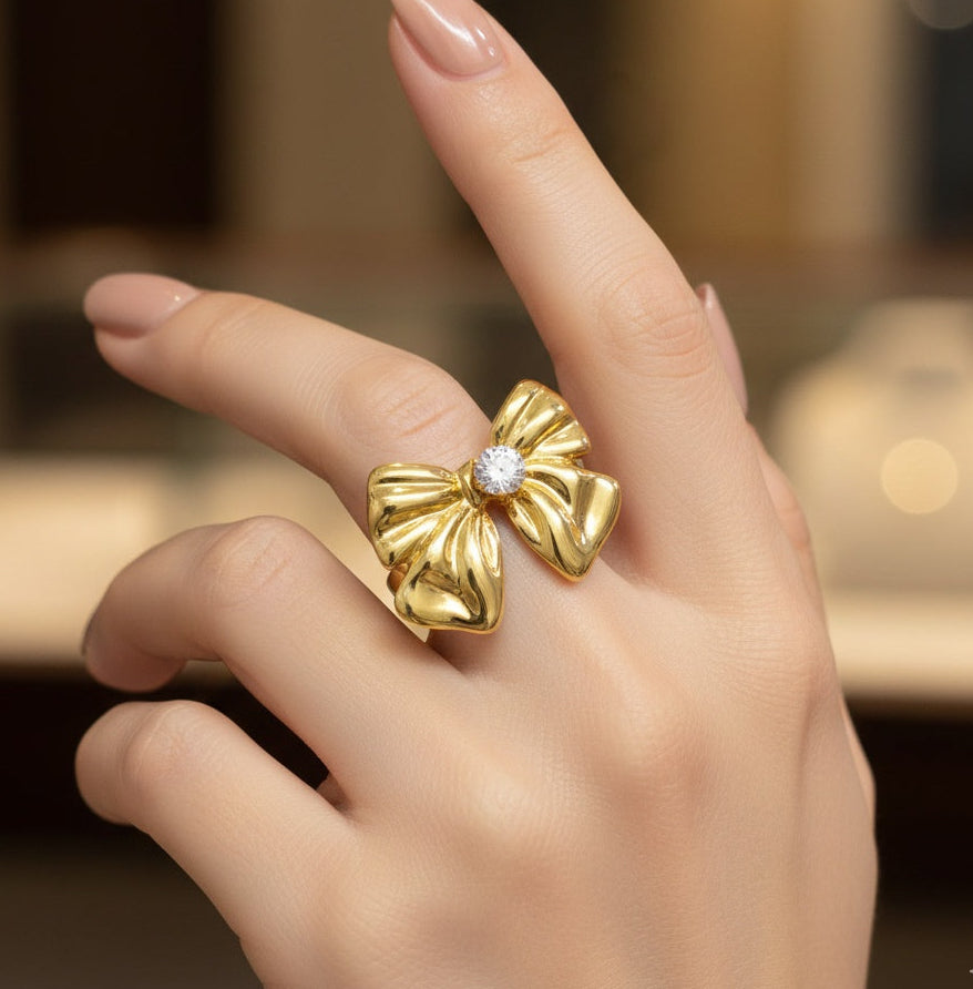 Anti Tarnish Ring Chunky Solitaire Bow Ring 18K Gold Plated
