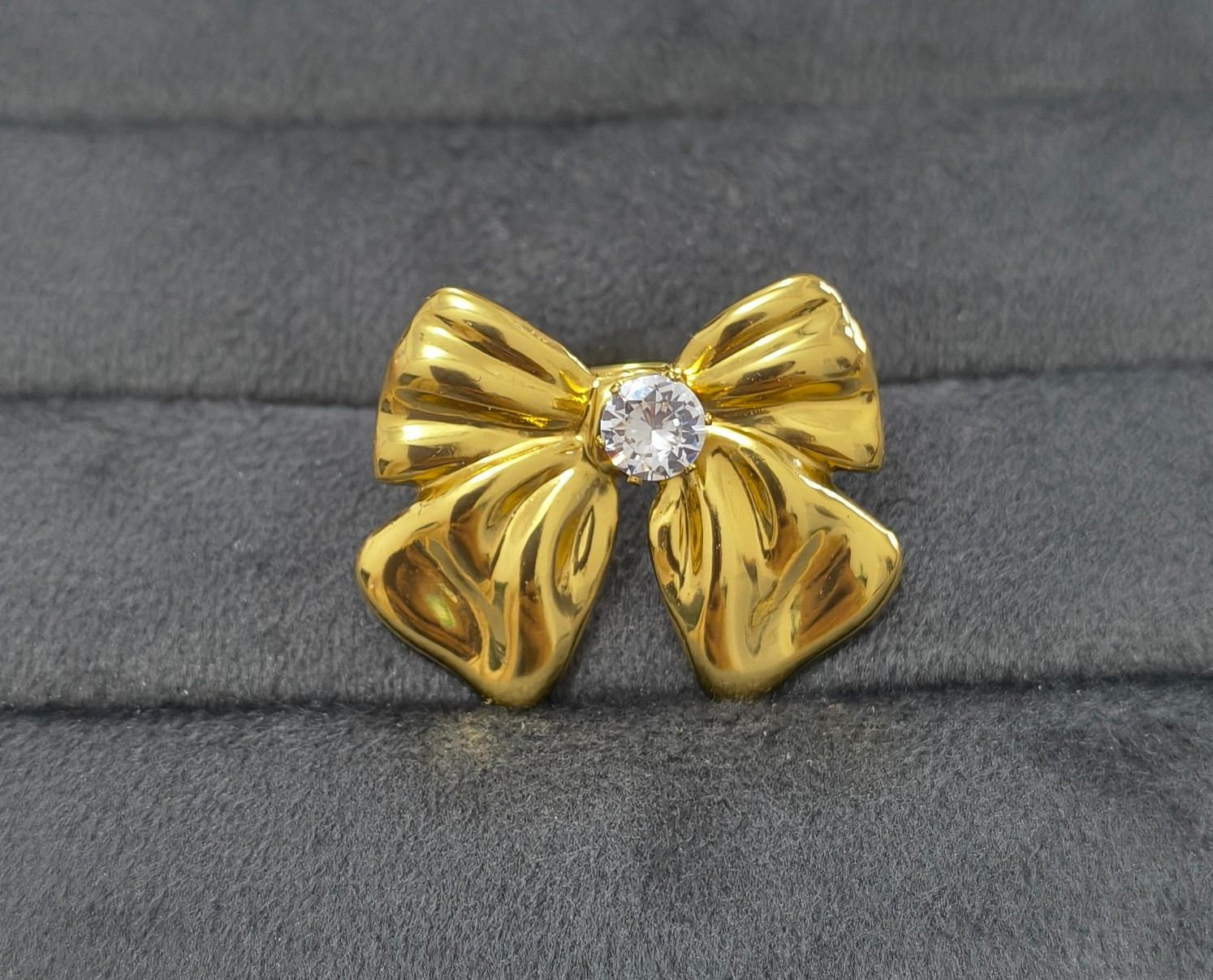 Anti Tarnish Ring Chunky Solitaire Bow Ring 18K Gold Plated