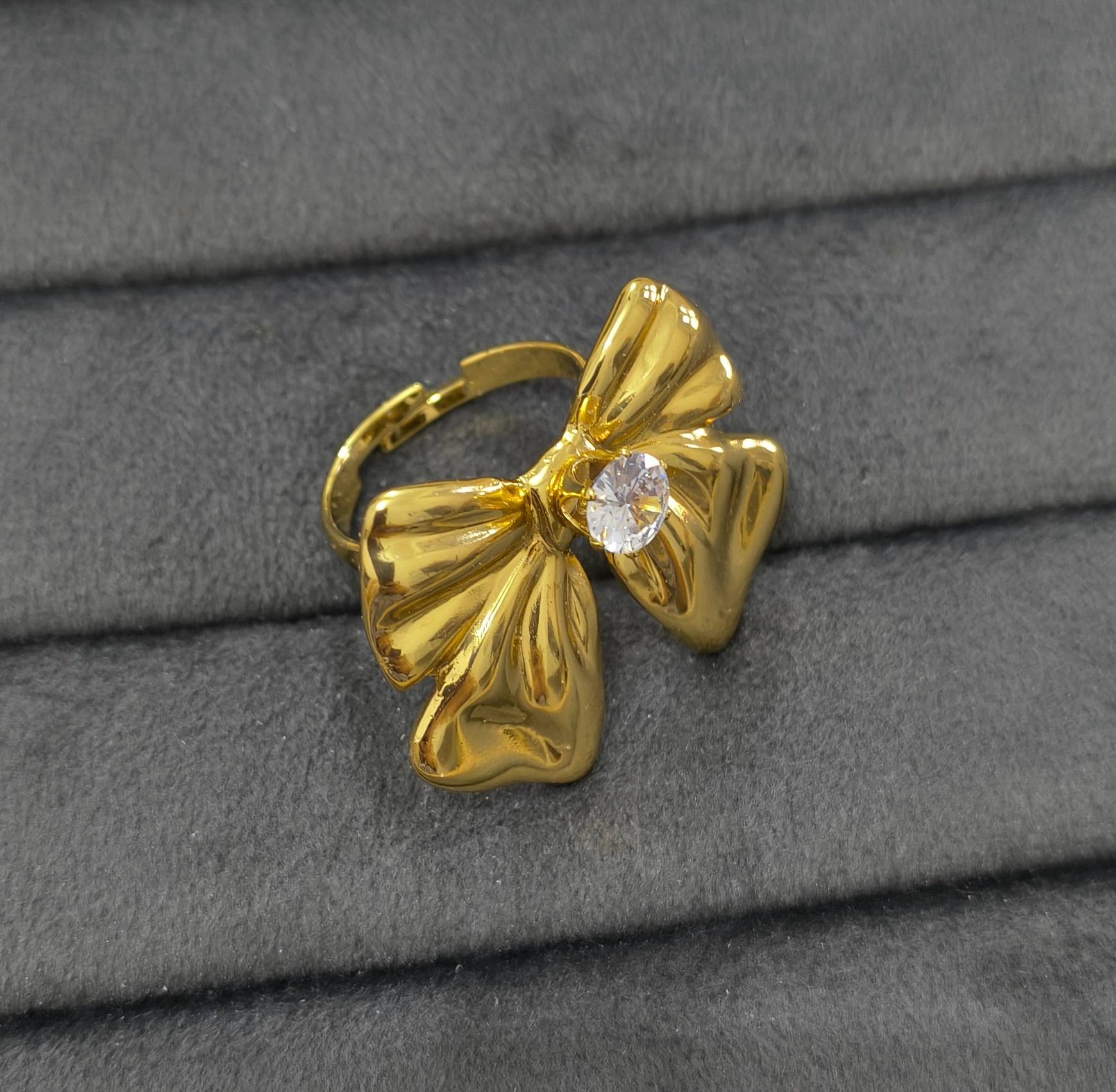 Anti Tarnish Ring Chunky Solitaire Bow Ring 18K Gold Plated