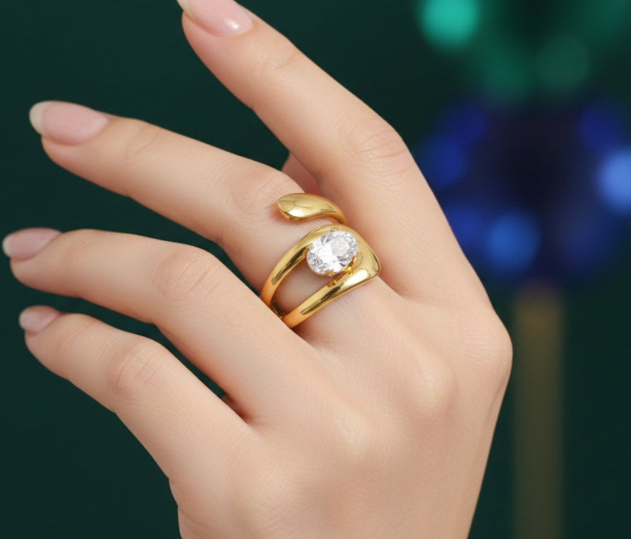 Anti Tarnish Ring Chunky Wrap Solitaire Ring 18K Gold Plated