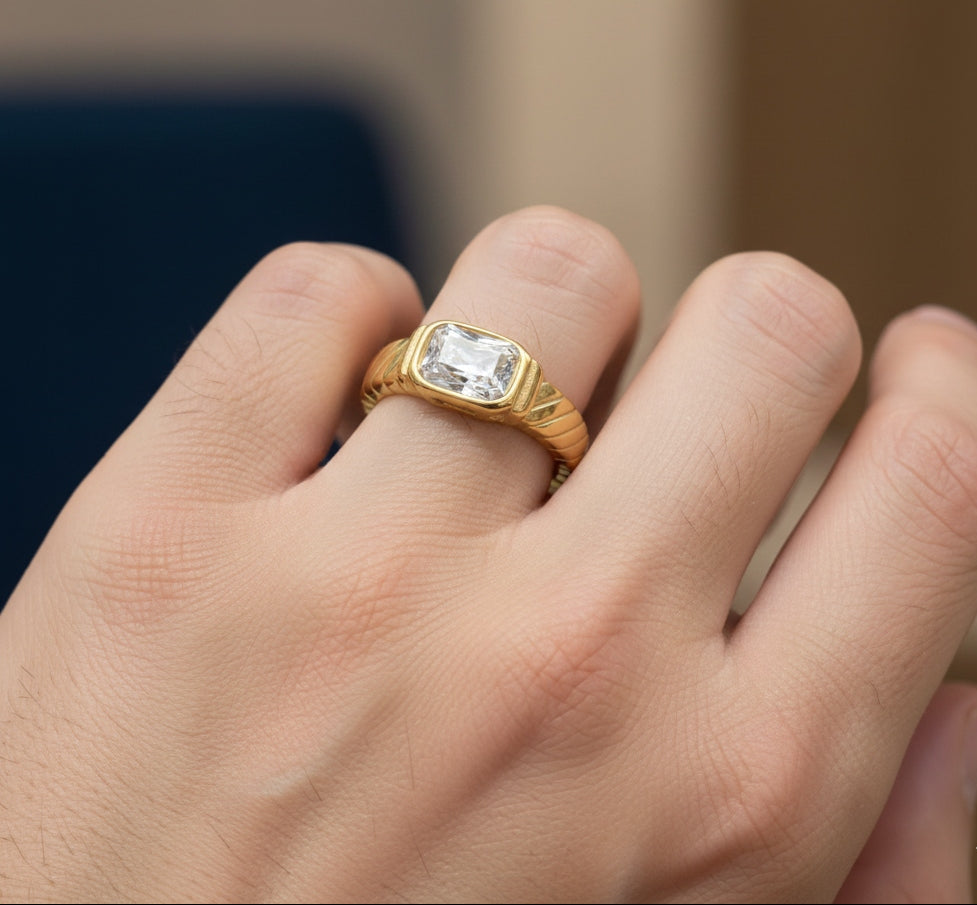 Anti Tarnish Ring Clear Solitaire Ring Unisex 18K Gold Plated