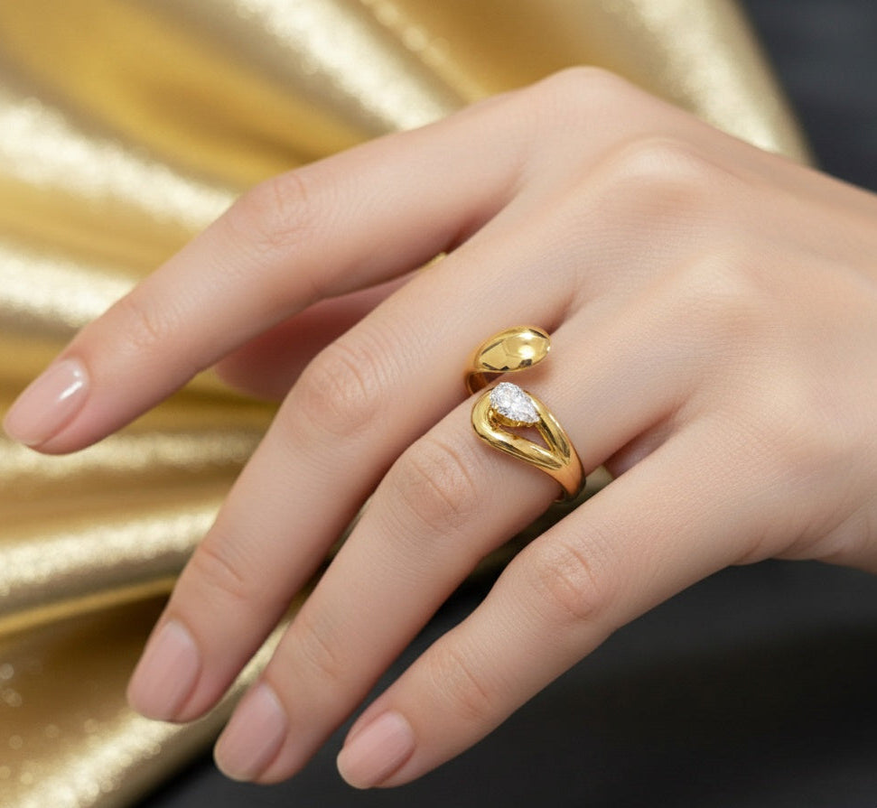 Anti Tarnish Ring Dainty Curled Solitaire 18K Gold Plated