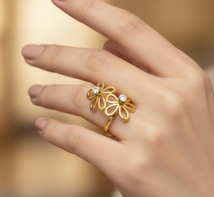 Anti Tarnish Ring Double Flower Solitaire Ring 18K Gold Plated