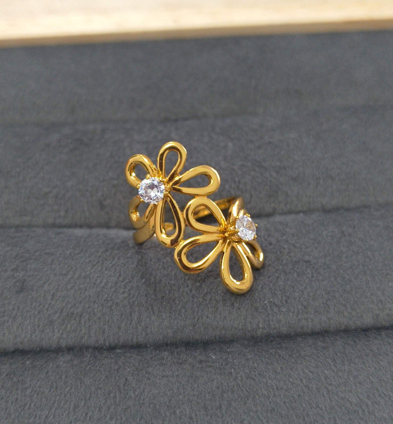 Anti Tarnish Ring Double Flower Solitaire Ring 18K Gold Plated