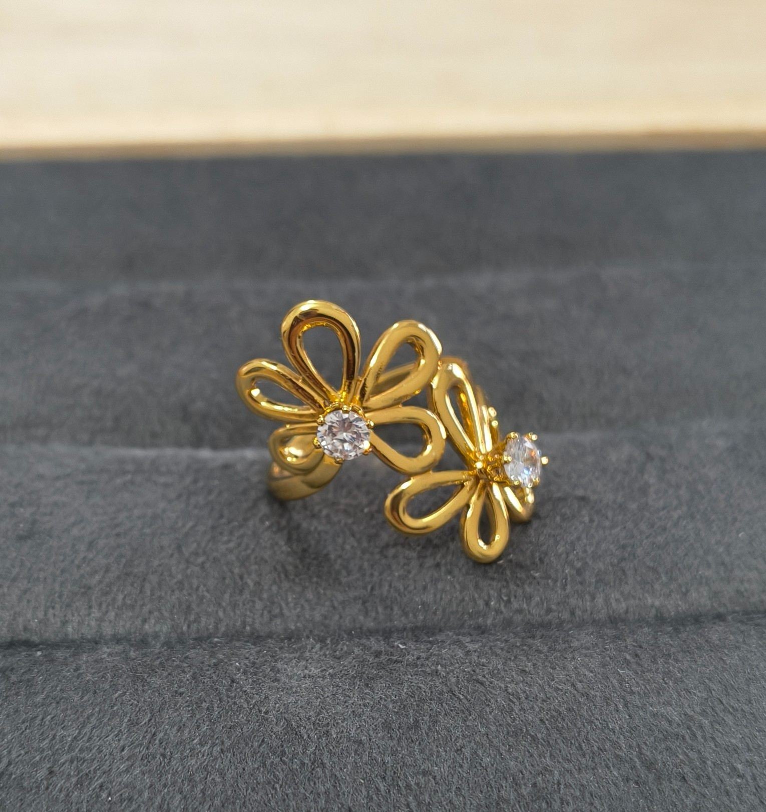 Anti Tarnish Ring Double Flower Solitaire Ring 18K Gold Plated
