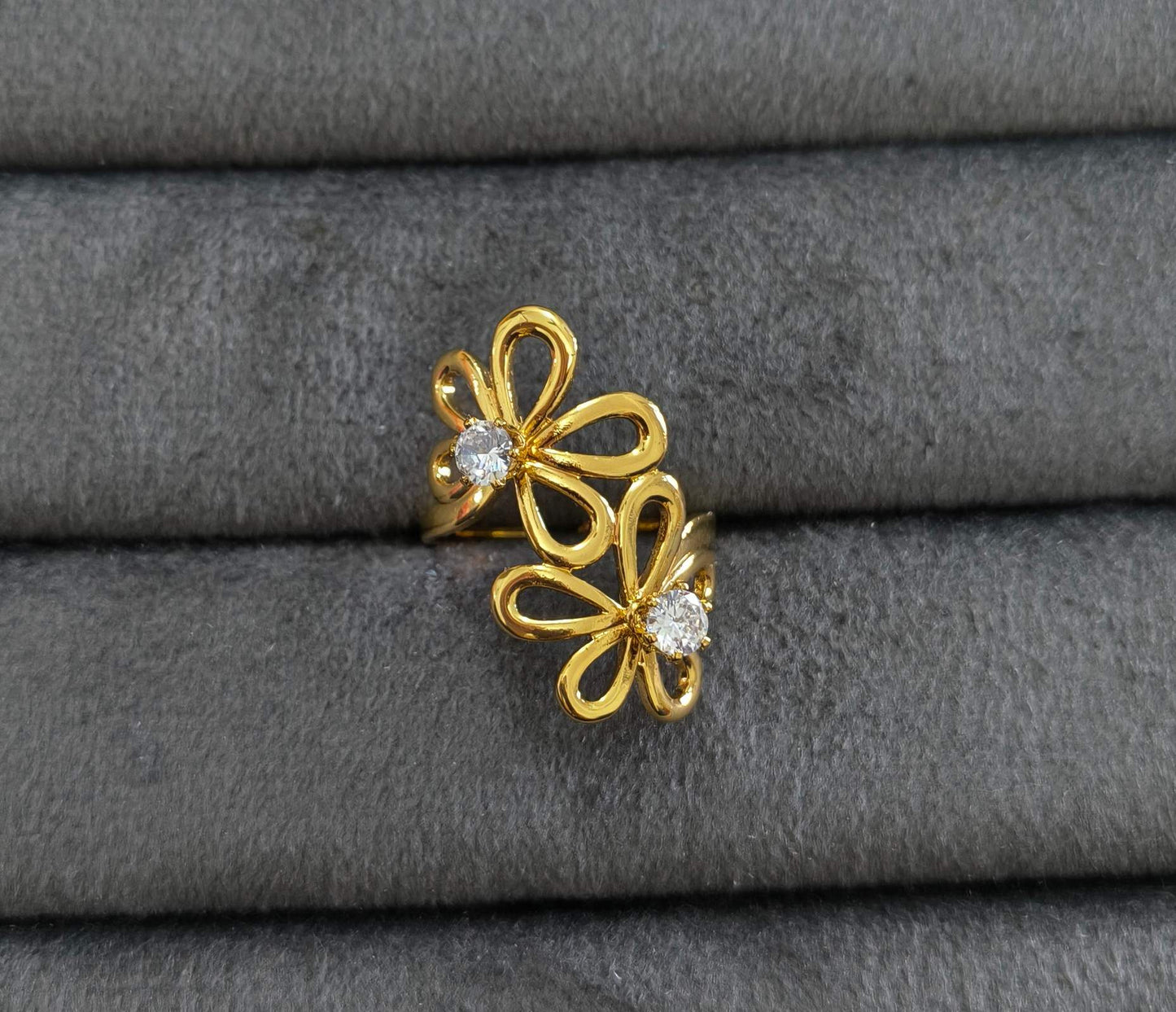 Anti Tarnish Ring Double Flower Solitaire Ring 18K Gold Plated