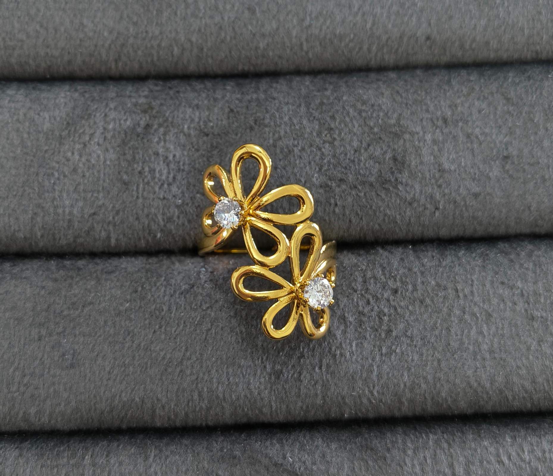 Anti Tarnish Ring Double Flower Solitaire Ring 18K Gold Plated